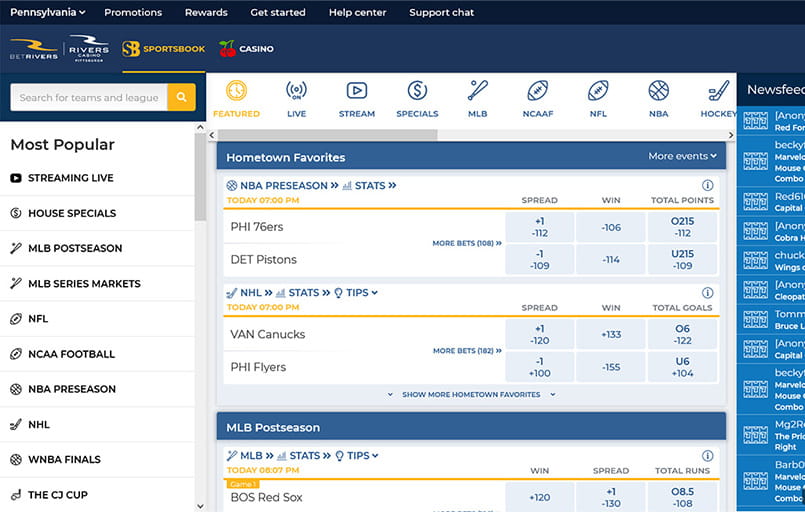 The BetRivers user interface.